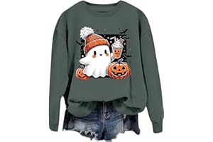 EQWIGKEIT Halloween Pullover Damen Sweatshirt Damen Ohne Kapuze Pullover Kürbisse Und Geister Drucken Langarm Rundhals Pulli Halloween Druck Festival Festlich Langarmshirt Locker Oberteil Halloween Kostüm