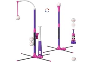HYES 3-in-1 Baseball Set for Kids 3-5 - Tee Ball Stand, Hanging Tee, Ball Launcher and 6 Softballs - Adjustable Height, Indoor/Outdoor Sport Gifts for Kids, Purple