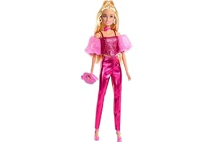 Barbie Poupée Barbie Deluxe Style n° 5 avec tenue rose métallisé, cheveux blonds, haut scintillant de type corset et pantalon brillant, sac à main et collier rose en guise d’accessoires