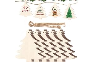 XLONG 40 Piezas Adornos Árbol Navidad Madera,Adornos Colgantes de Navidad de Madera,Colgante Navideño de Madera DIY,Adornos Navideños de Madera con Copos,Decoración Arbol de Navidad Madera