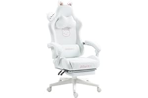 Dowinx Gaming Chair Cute with Cat Ears and Massage Lumbar Support, Ergonomic Computer Chair for Girl with Footrest and Headrest, Comfortable Reclining Game Chair 290lbs for Adult, Teen, White