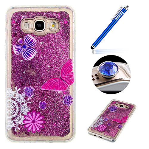 Etsue Liquid Flüssigkeit Hülle für Samsung Galaxy J7 2016, Glitzer Flüssig Wasser Hülle für Samsung Galaxy J7 2016, Lusting Kreativ Pailletten Sterne Glitzer Glitter Wasser Shiny Glanz Sparkle Bling Schwimmend Treibsand Kristall klar Liquid TPU Gel Hülle Crystal Clear Case Transparent Silikon Handyhülle für Samsung Galaxy J7 2016 + 1x Glitzer Staub Stecker + 1x Blau Eingabestift-Schmetterling Blume