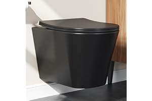 Teal Home WC sospeso da parete, nero opaco, con coperchio per WC con abbassamento automatico, in ceramica con rivestimento nano, risciacquo singolo, 48,5 × 35,5 × 35,5 × 35,5 cm