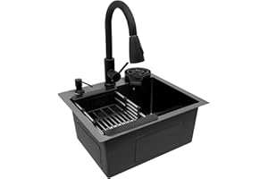 NIGORIY Spüle Schwarz Spülbecken Schwarz 40x45cm Einbauspüle X-förmige Leitlinie Waschbecken Küche Küchenspüle inkl Ausziehbare Wasserhahn, Tassenspüler, Abtropfkorb und Seifenspender