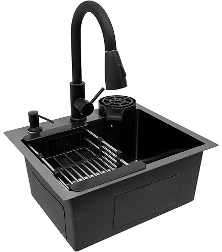 GRANMASTER Magma spoelbak keuken - met 1 wastafel - granieten spoelbak met sifon wastafel keuken - inbouwspoelbak werkblad keukenspoelbak 53 x 50 x 20,4 cm zwart zonder afdruipoppervlak