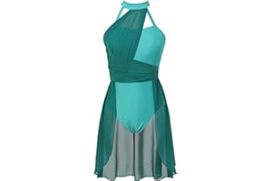 Agoky Abito da Pattinaggio Artistico sul Ghiaccio Donna Chiffon Patchwork Vestito Danza Classica Abito da Ballo Leotards Body da Balletto Senza Manica Jazz Danza Moderna