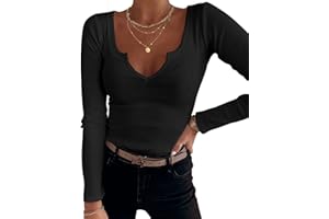 TrendiMax T-shirt à manches longues pour femme - Col en V profond - Stretch - Manches longues - Décontracté - Basique