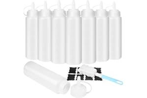 AILUYA 8Pcs Aceitera Plastico 250ml con Pegatinas y Cepillo, Dispensador Salsas Antigoteo, Transparente Botellas Para Salsa con escala, Botella Plastico Para Condimentar, Hornear y Aderezos con Ketchup