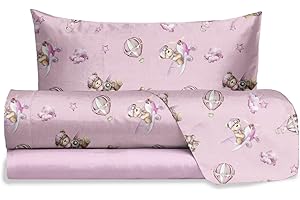 Hermet Jolly Teddy Bear Pink Single Bed Sheet Set, 100% Cotton, Top Sheet + Fitted Sheet + Pillowcase, Teddy Bear Bedding Set for Bedroom