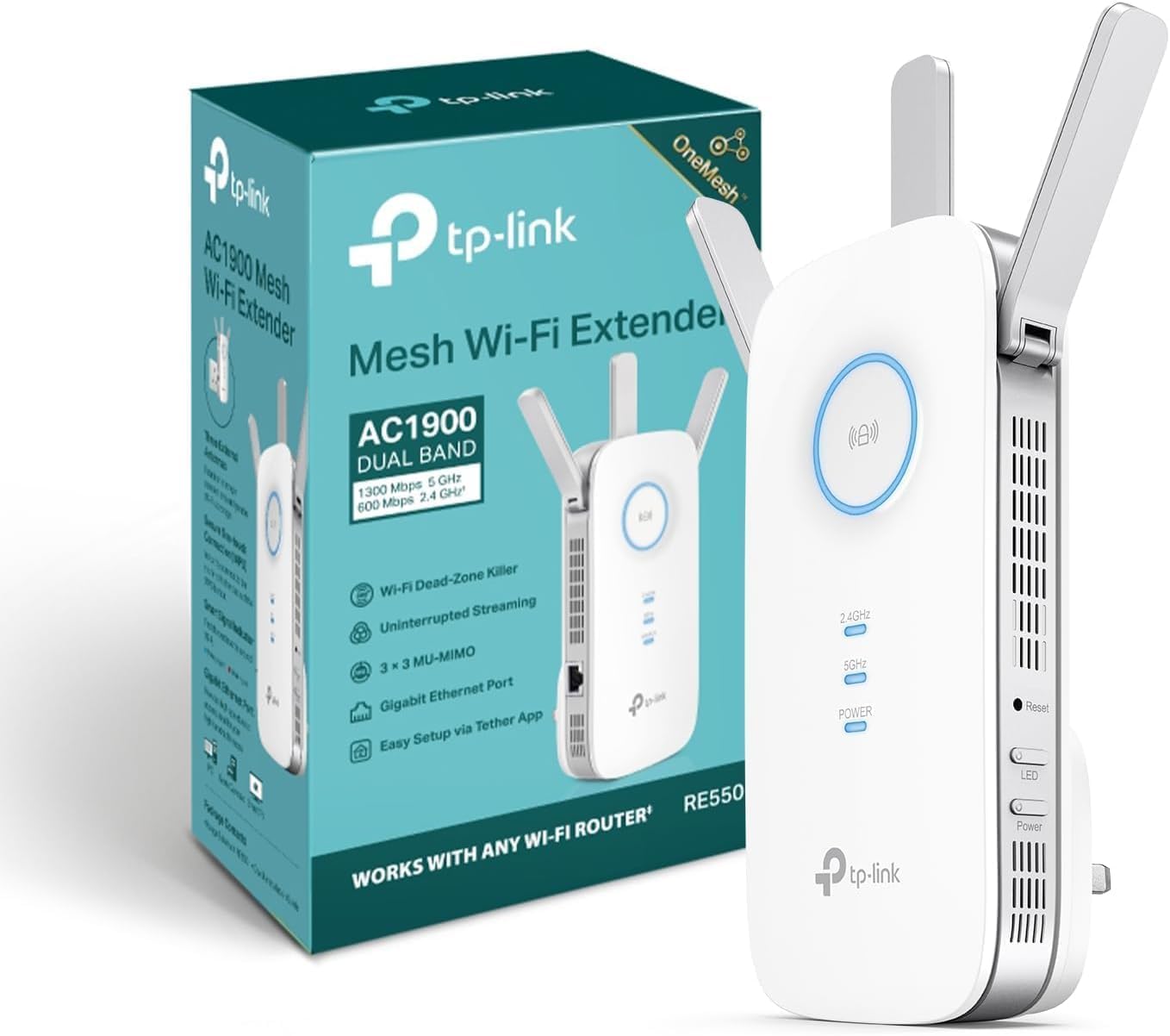 TP-Link RE550 AC1900 WiFi Extender Booster, Dual Band WiFi Booster, 3 Antennas, Gigabit Ethernet Port, Intelligent Monitor, AP Mode, APP Control, Ultimate Compatibility WiFi Mesh, Easy Setup
