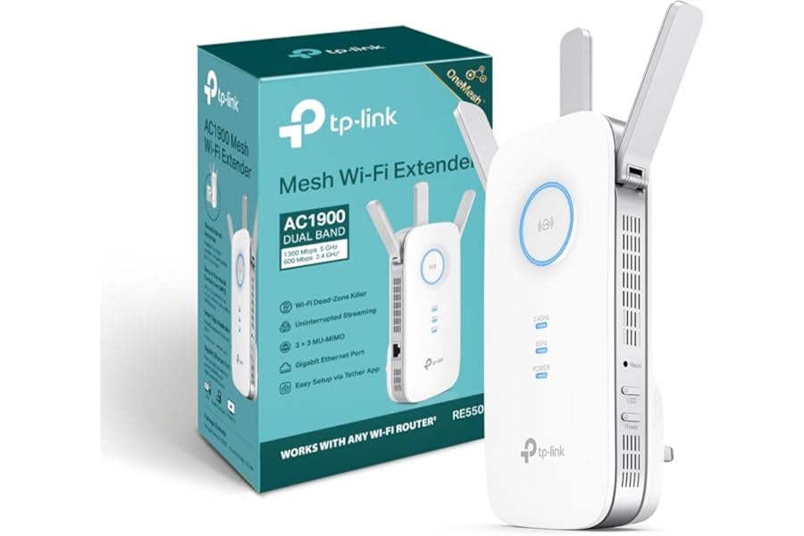 TP-Link RE550 AC1900 Gigabit Mesh WiFi Range Extender-Wi-Fi Booster-WiFi Repeater, 3 External Antennas, Intelligent Signal Light,WiFi Extender Booster, Power Schedule,LED Control,Easy Setup, UK Plug