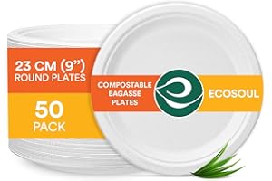 ECO SOUL Paper Plates (23Cm) 9" [50-Pack] Compostable Heavy Duty Biodegradable Sugarcane Bagasse Round Plates | Eco Friendly Disposable Plates for Thanksgiving Dinner Parties & Events