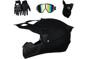 ABXUJWUB Motorradhelm Downhill Komplettset Kinder - Offroad Helm mit stylischem Heckflügel-Design, Vollvisier, Kinnschutz & Panorama-Brille + Atmungsaktivmaske für Dirt Bike/Quad/MTB(Sub-Black,XL(58~59cm))