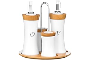 PREMIER Housewares 1103947 Set di Condimenti, 4 Pezzi, Olio/Aceto/Sale/Pepe, in bambù/Ceramica