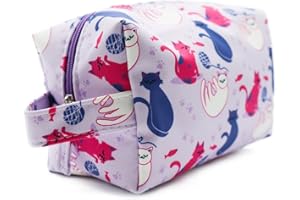 PONETTE - Neceser Infantil en Tejido Violeta con Dibujos de Gatos con Madejas, Peces y Huellas, Niño, Niña, Viaje, Estuche, Bolsa, Piscina, Colegio, Marca Española