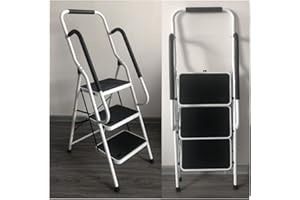AUTOFU Escabeau 3 Marches de Sécurité, Main courante de Sécurité, Acier Robuste, Pliable, Portable avec Tapis en Caoutchouc Antidérapant – Charge de 150 kg