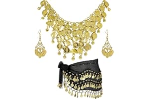HJYZY 3 pcs Belly Dance Hip Scarf for Women Belly Dance Gold Sequins Head Chain Coins Necklace Earrings Classic Dance Accessories