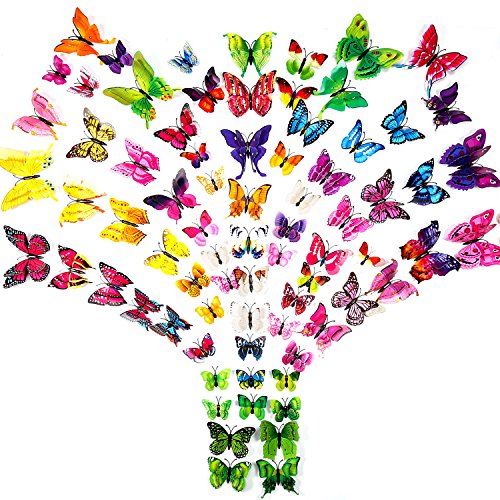 ivencase® 96 Stück 3D Schmetterlinge Wanddeko Aufkleber Abziehbilde für Wohnung, Raumdekoration mit klebebuttons und Magnet, Geschenk für Kinder, Mutter, Frauen, Freundin, Hochzeit, Geburtstag, 8 Farbe, Dual Layer Wings - 3