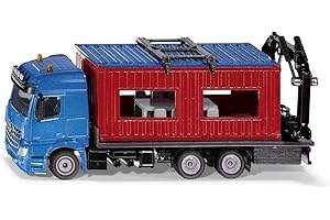 siku 3556, Camion avec conteneur de construction, 1:50, Métal/Plastique, Bleu/Rouge,Aavec grue pour l'enlèvement du conteneur