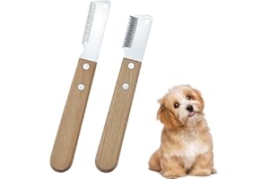 Cleminsta 2PCS Cuchillo de Corte para Perro, Peine de Afeitado para Mascotas, Herramientas de Aseo, Suministros para Animales de Compañía, Peine Mango de Madera para Perros y Gatos