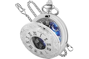 TIONG Sternennacht Mond hohl silbernes Gehäuse Quarz römische Ziffern Taschenuhr Weihnachten Geburtstag Geschenke für Männer Frauen (mit Geschenkbeutel)