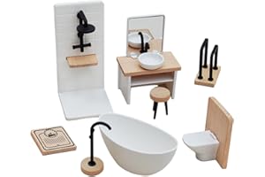 LUWECF 1/12 Puppenhaus Möbel Holz Badezimmer Set, Miniatur Möbel, Puppenhaus-Zubehör für Kinder ab 3 Jahren
