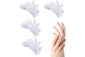 EQLEF Gants de Coton, 4 Paires Gant de Main Gants Hydratants Cosmétiques Blancs avec Bracelet élastique Gants en Coton Réutilisables pour L'eczéma soin sec des Mains Coin Bijoux Check
