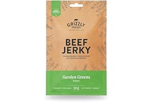 ‎GRIZZLY SNACKS Beef Jerky • Rindfleisch aus Deutschland • Trockenfleisch vom Rind im Set • 10er-Pack • Garden Greens • (10 x 50g = 500g)