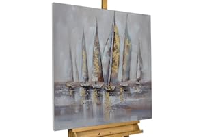 KunstLoft Tableau peinture moderne | 100% PEINT À LA MAIN | 80x80cm | Peinture sur toile 'Wind in the Sail' | Bateaux | Gris | Deco murale salon
