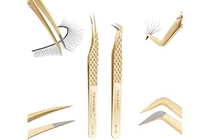 NAGARAKU Fiberspets Ögonfranspincett Set 1 Par Professionell Precision Pincett Rostfritt Stål Halkfritt Grepp Spik Raka & Böjda Spetsar Separerande Delfin & Mega Volume Fan Lash Tweezer(AG-05&AG-11)