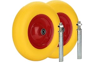 Randaco 2x Schubkarrenrad PU Vollgummi Reifen mit Achse 4.80 4.00-8 Ø 390mm Gummirad, pannensicher, bis 200 kg, Stahlfelge Reifen gelb, für Gartenkarren