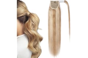 SEGO 16"(40cm) Coleta Postiza Larga Pelo Natural Clip #18/613 Rubio Ceniza/Blanqueador Rubio Extensiones de Cabello Humano 100% Remy Lisa Wrap Around Ponytail Extension (80g)