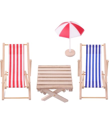 2 Mini Chaises Longues En Bois - 1:12 - Décorations Maison De Poupée, Jardin Miniature - Rayures Rouge/Bleu