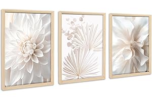 HALFLEMART 3Pcs Loto blanco Peonía Marco de Madera Cuadro Moderno Minimalista Flor Boho Hojas Palmera Cuadro Decoracion Salon Pintura Cuadros Decorativos Salon Dormitorio Baño Pasillo 30cmx40cmx3 (Sin Plexiglás)