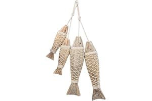 ZOYIEP 2 Stück Deko Fische, Holz Fische Anhänger, Maritime Hängedeko Holzfische mit Schnur zum Aufhängen Fischernetz Deko Groß Mediterrane Deko (S)