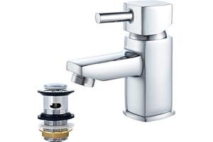 NewEast Basin Taps with pop up Waste,Mono Square Single Lever Chrome Bathroom Sink Mixer Tap for Washroom&Cloakroom