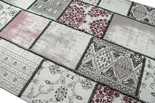Edler Designer Teppich Moderner Teppich Wohnzimmer Teppich Patchwork Vintage Meliert Karo Muster in Lila Creme Grau Rosa Schwarz Größe 80×150 cm - 3