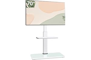 AOKCOS Supporto TV da Pavimento inclinabile per 32-55 65 70 Pollici, Girevole Altezza Regolazione Porta TV da Terra con mensola, Max VESA 400x400mm 40kg Bianco