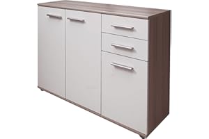 Dmora Credenza Alta Moderna di Design a 3 Ante e 3 cassetti, Buffet da Cucina, Madia con scaffali e Ripiani, cm 103x35h70, Colore Bianco e Rovere