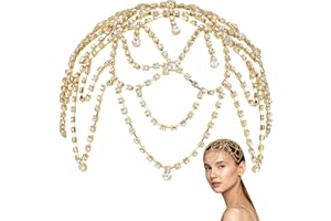 GORGECRAFT 1920s Crystal Cap Headpiece Flower Rhinestone Head Chain Golden Roaring 20s Great Gatsby Hair Accessories Hair Chain Hat for Bridal Cosplay Halloween Art Decor Party (with 2Pcs Hair Clip)