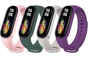 Msksjer 4 Piezas Correas Compatible con Correa Xiaomi Mi Band 7/Mi Band 6/Mi Band 5/Amazfit Band 5 Mujer y Hombre, Pulseras Deportivas de Silicona Blanda para Mi Band, Violeta/Blanco/Rosa/Verde Oscuro