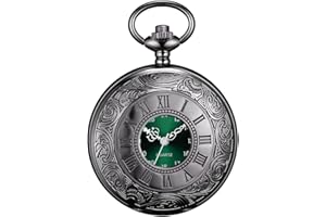 BOSHIYA Montre de poche vintage pour homme avec chaîne unique bleu/vert chiffres romains cadran analogique à quartz pour homme noir/argenté, Boîtier noir, cadran vert, vintage