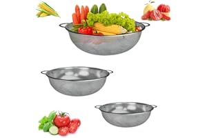 REFORUNG 3 PCS Colador de Acero Inoxidable Grande Escurridor de Verduras Acero Inoxidable Escurridor para Pasta con 2 Asas y Base Colador Microperforado para Alimentos y Frutas -16,5/22,5/25,5 cm