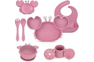 MOJINL Silikon Baby Geschirrset mit Saugnapf, BPA Frei Kindergeschirr Set,8 Stück Baby Besteck Set mit Baby Teller Löffel Gabel Schüssel Lätzchen Snack Becher Trinklernbecher für Baby Mädchen Junge
