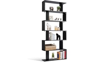 CASART 5/6 Tier Wooden Bookcase, Free Standing Shelving Stand Rack, S-Shaped Bookshelf Storage Display Unit (Black, 80 x 23 x 192cm)