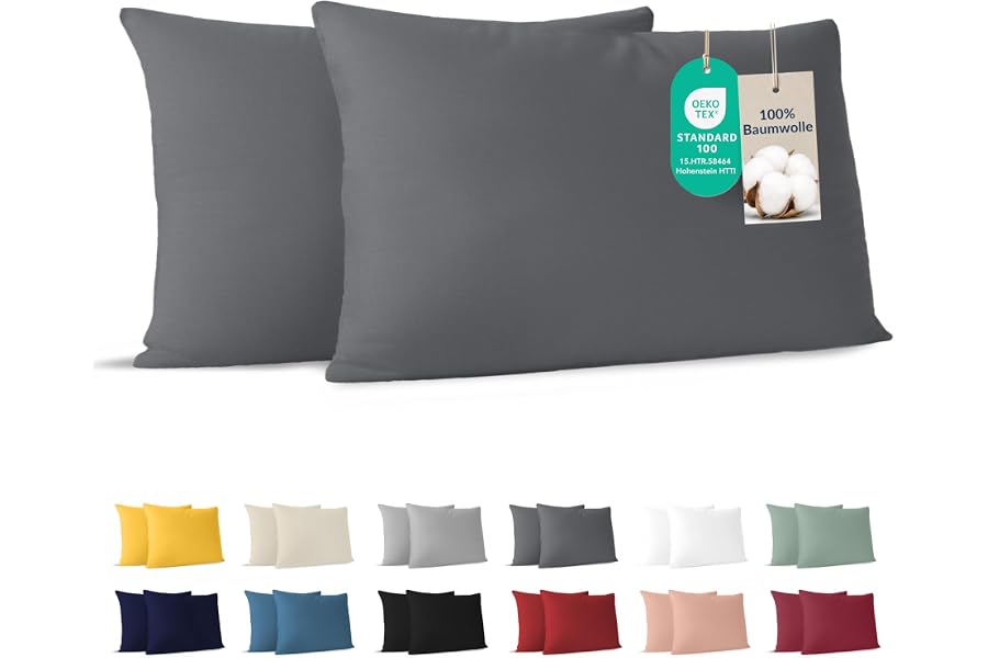Dreamzie - Kissenbezug 40 x 80cm - 2er Set - 100% Baumwolle - Anthrazit | Oeko-Tex zertifiziert · mit Reißverschluss · Kopfkissenbezug & Kissenhülle · Jersey · 150 g/m² · Weich · Waschbar