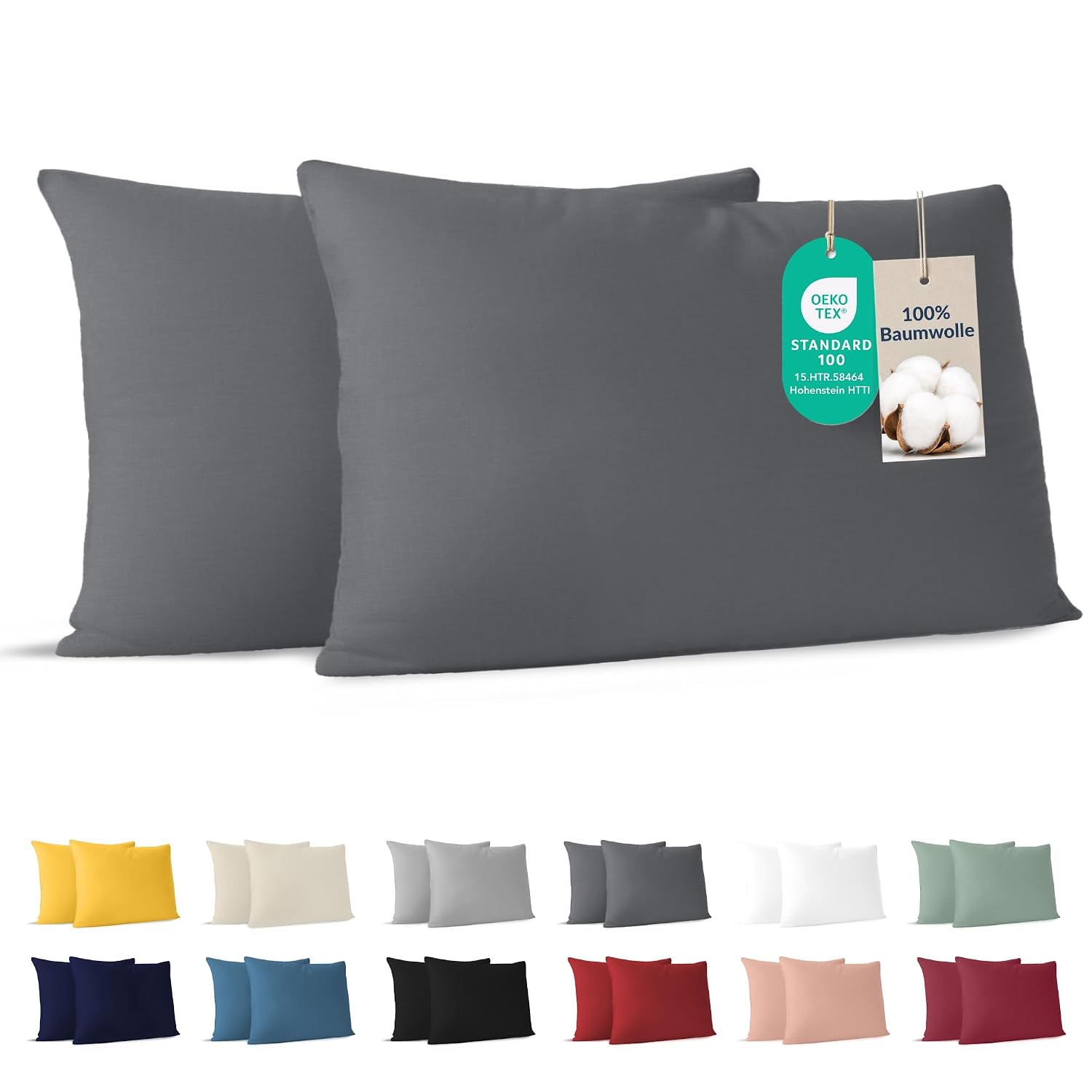 Dreamzie - Kissenbezug 40 x 80cm - 2er Set - 100% Baumwolle - Anthrazit | Oeko-Tex zertifiziert · mit Reißverschluss · Kopfkissenbezug & Kissenhülle · Jersey · 150 g/m² · Weich · Waschbar