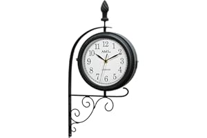AMS 9433 de jardin métal Horloge murale à quartz horloge, double face et rotatif style rétro vintage antique design Boîtier en métal, résistant aux intempéries