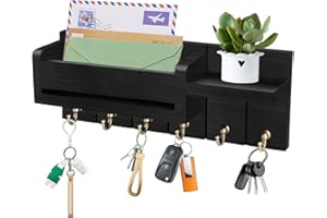 NOAYA Key Holder for Wall - Key Hooks Wall Mounted with Shelf, Wooden Key Rack Letter Holder with 6 Hooks, Key Hooks for Home Decor, Key Hanger with Coat Hooks, Box Key Holders for Entryway Hallway (Black)