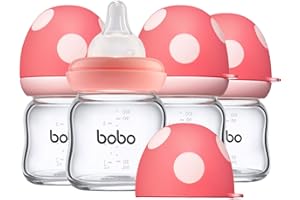 YOHKOH Weithals-Babyflasche aus Glas, Anti-Colic Glas-Babyflaschensets mit Ultra Soft Silikon-Sauger, für Neugeborene Babys ab 1 Monat (Rot, 100ml (4er Pack))